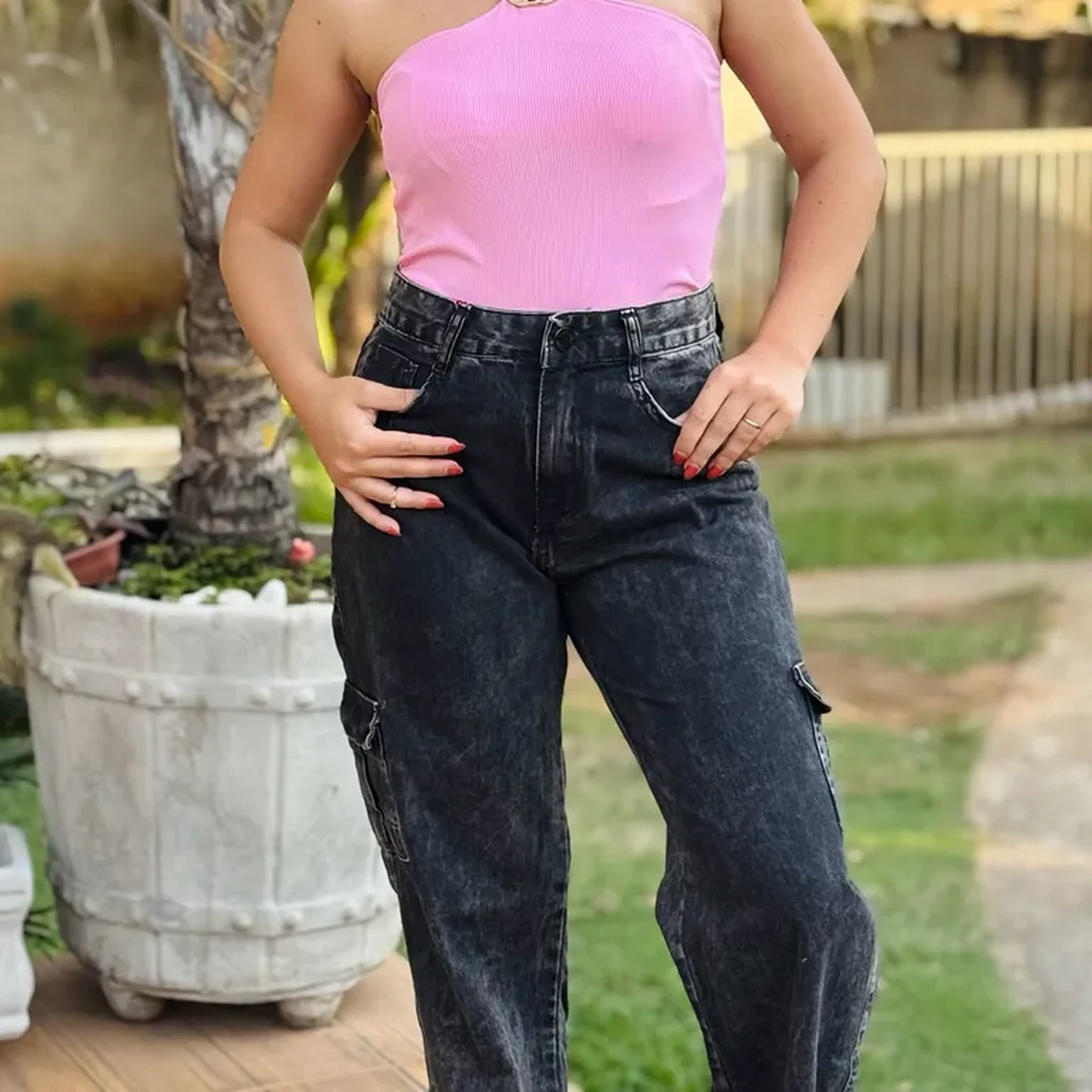Calça Wide Leg Cargo Preto Marmorizado